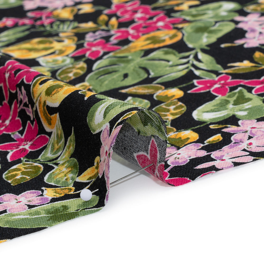 Rayon Challis Print - Black, Ruby Pink and Moss Green Watercolor Floral - Deadstock - Detail