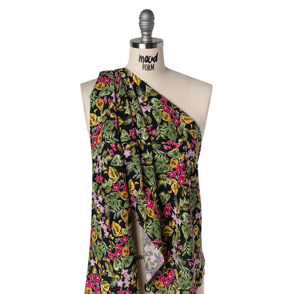 Rayon Challis Print - Black, Ruby Pink and Moss Green Watercolor Floral - Deadstock - Drape