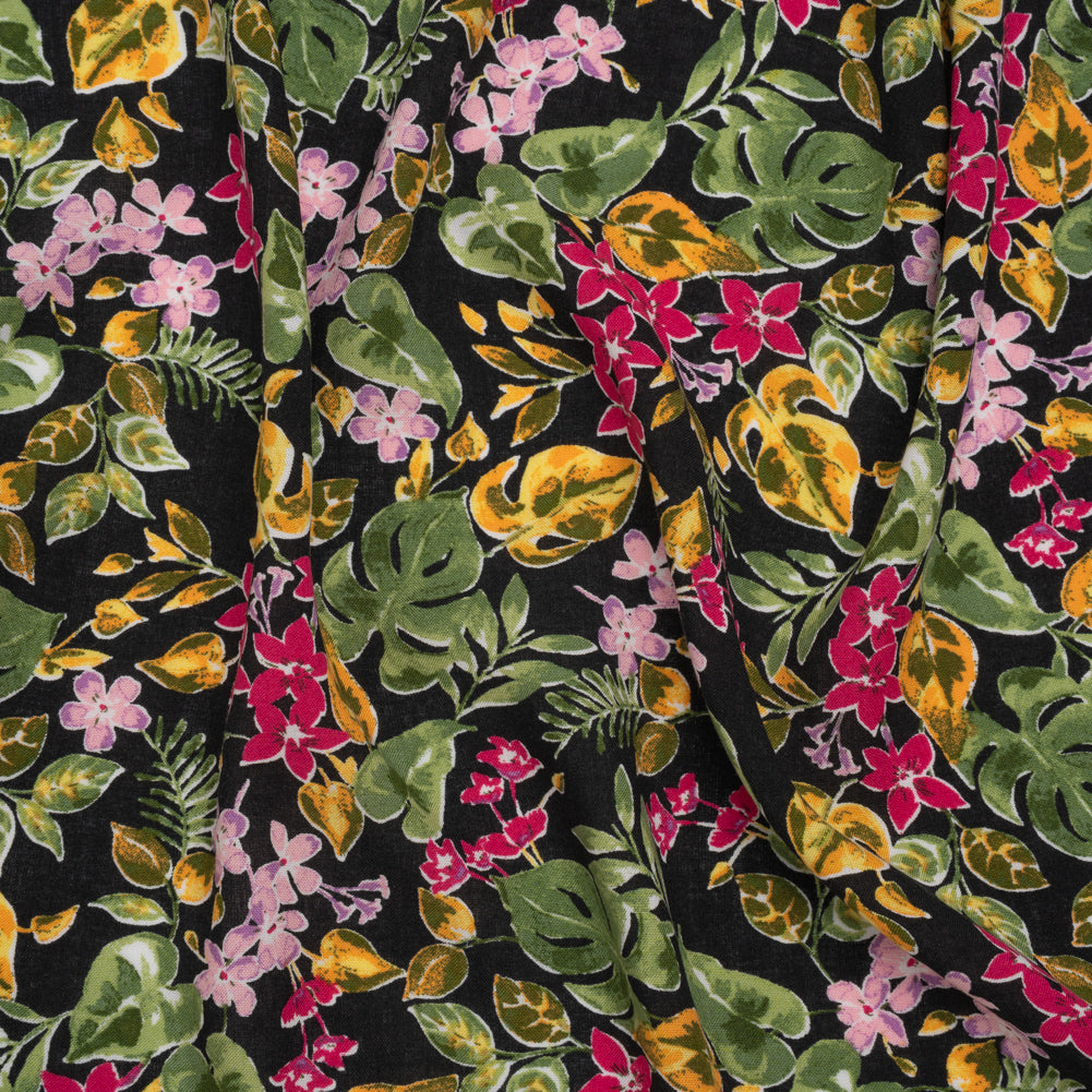 Rayon Challis Print - Black, Ruby Pink and Moss Green Watercolor Floral - Deadstock