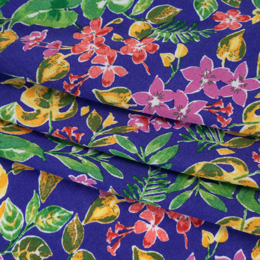 Rayon Challis Print - Royal Blue, Fuschia Purple and Green Watercolor Floral - Deadstock - Folded