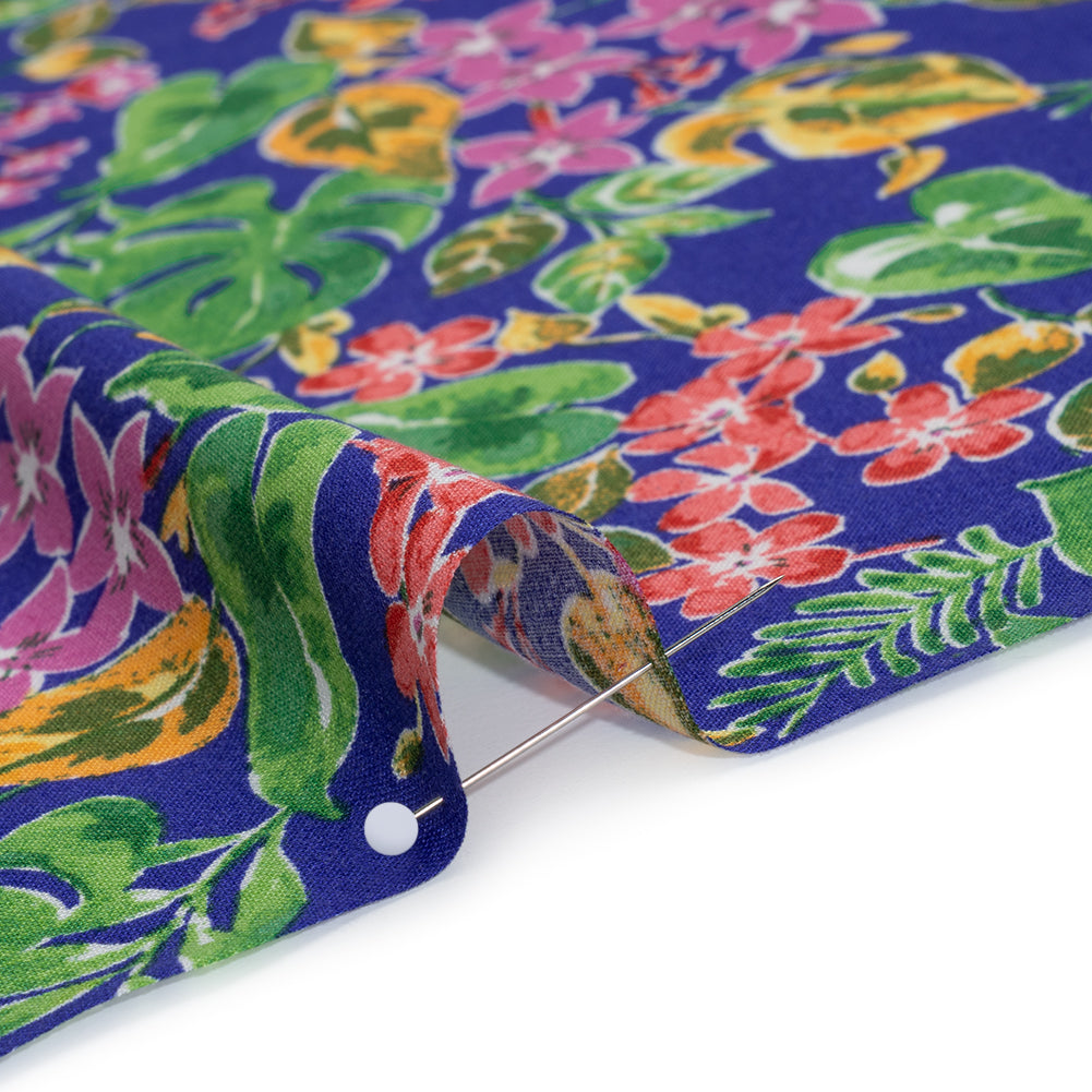 Rayon Challis Print - Royal Blue, Fuschia Purple and Green Watercolor Floral - Deadstock - Detail