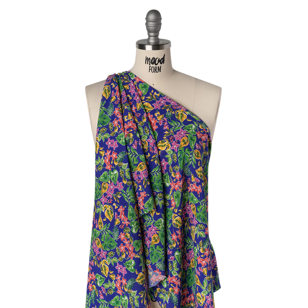 Rayon Challis Print - Royal Blue, Fuschia Purple and Green Watercolor Floral - Deadstock - Drape