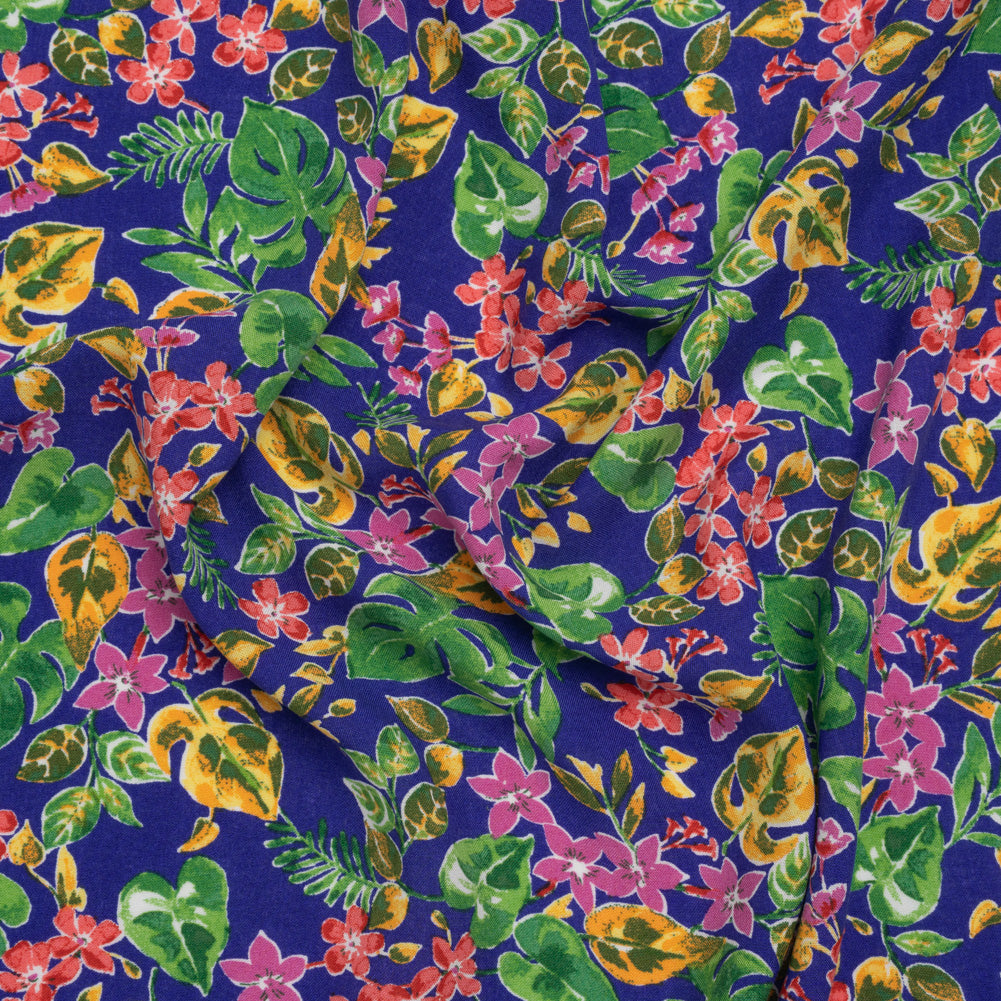 Rayon Challis Print - Royal Blue, Fuschia Purple and Green Watercolor Floral - Deadstock