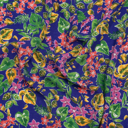 Rayon Challis Print - Royal Blue, Fuschia Purple and Green Watercolor Floral - Deadstock
