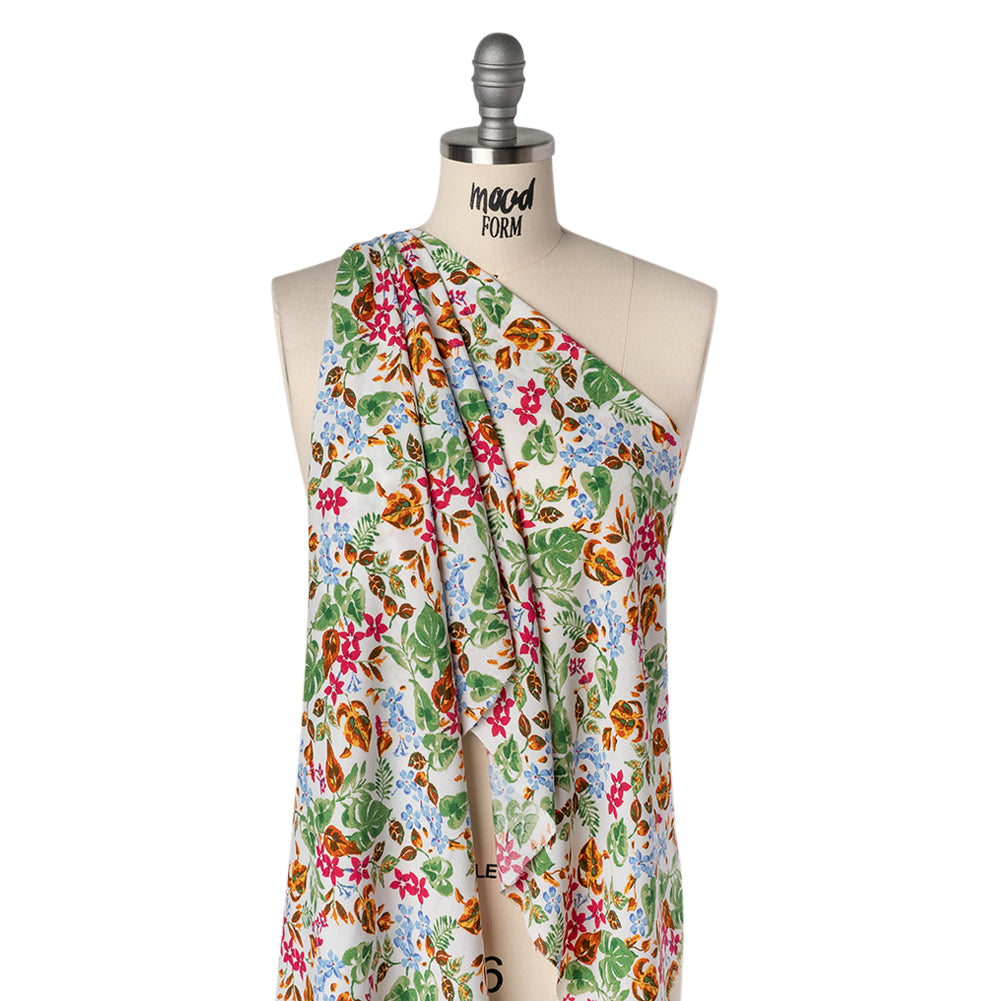 Rayon Challis Print - Sky Blue, Ruby Pink and Copper Brown Watercolor Floral - Deadstock - Drape