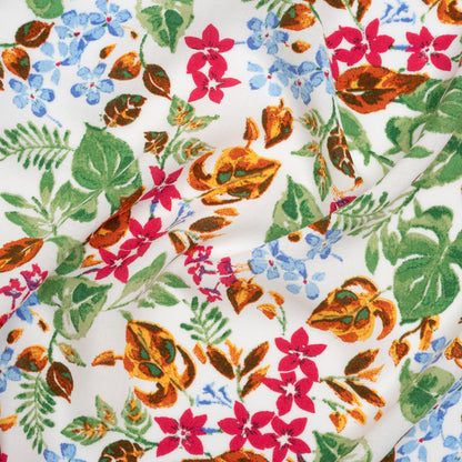 Rayon Challis Print - Sky Blue, Ruby Pink and Copper Brown Watercolor Floral - Deadstock