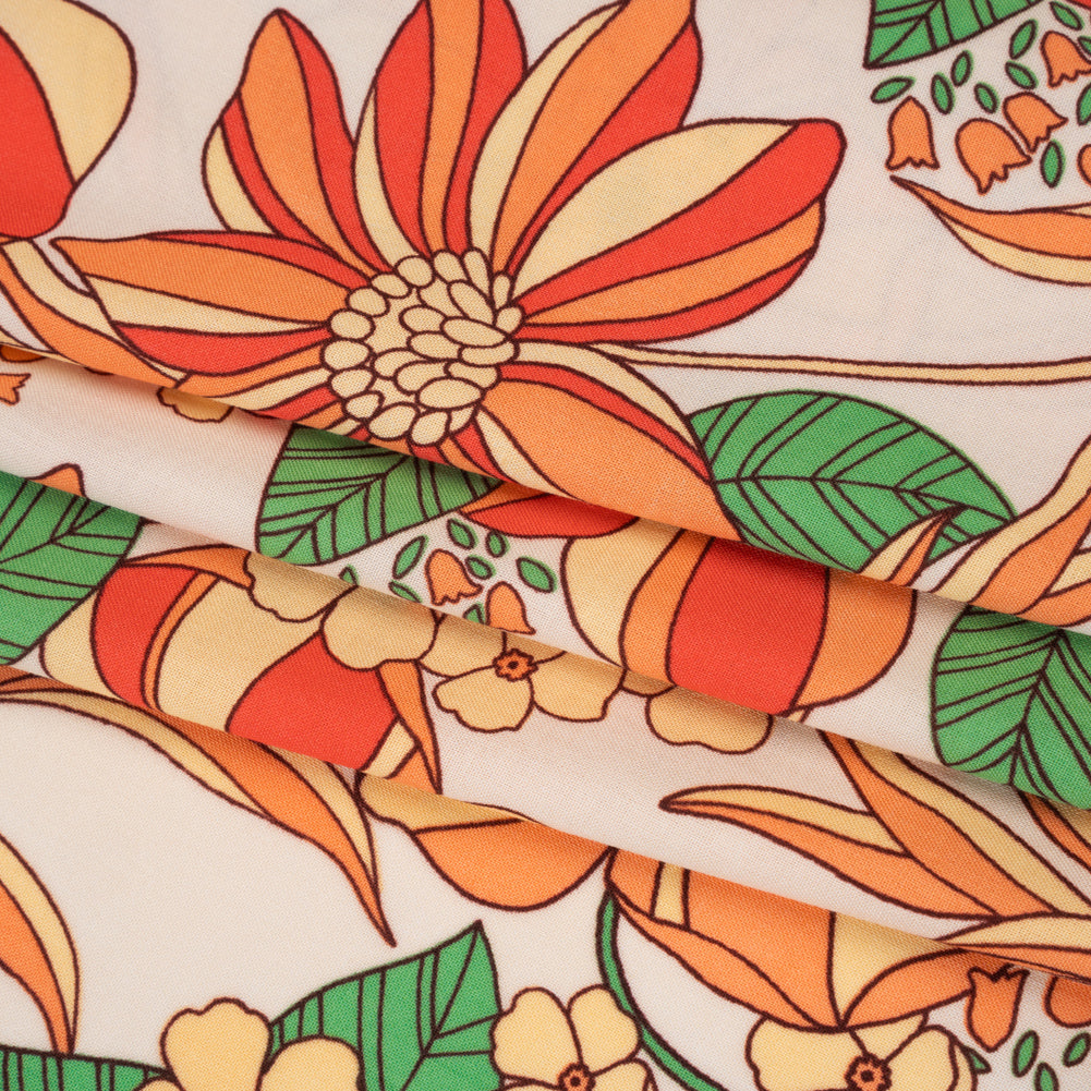 Rayon Challis Print - Peachy Orange, Mellow Yellow and Green Graphic Floral - Deadstock - Folded