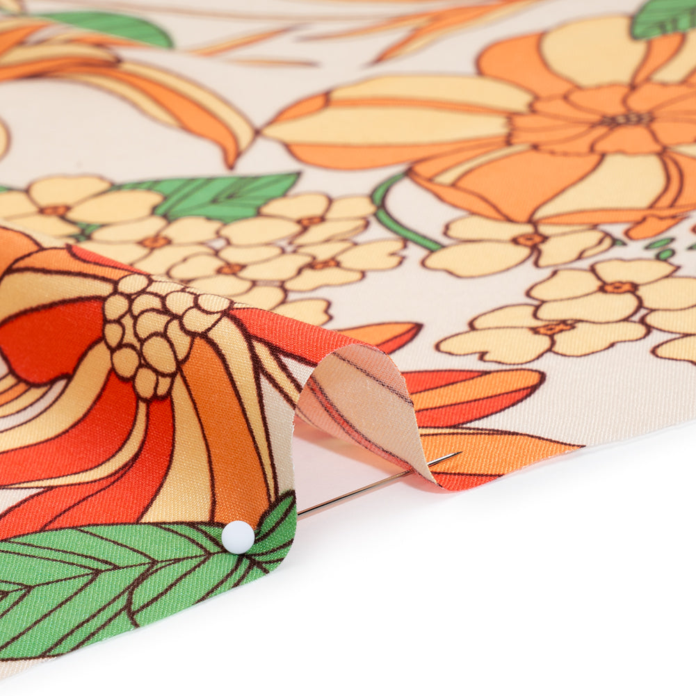 Rayon Challis Print - Peachy Orange, Mellow Yellow and Green Graphic Floral - Deadstock - Detail