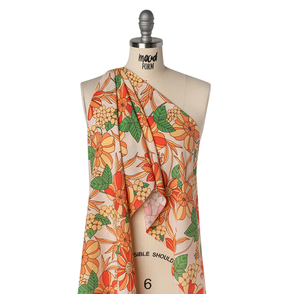 Rayon Challis Print - Peachy Orange, Mellow Yellow and Green Graphic Floral - Deadstock - Drape