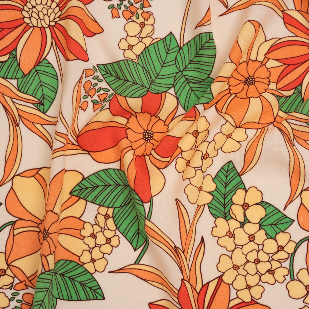 Rayon Challis Print - Peachy Orange, Mellow Yellow and Green Graphic Floral - Deadstock