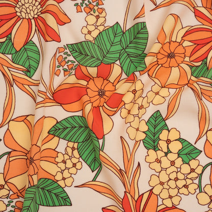 Rayon Challis Print - Peachy Orange, Mellow Yellow and Green Graphic Floral - Deadstock
