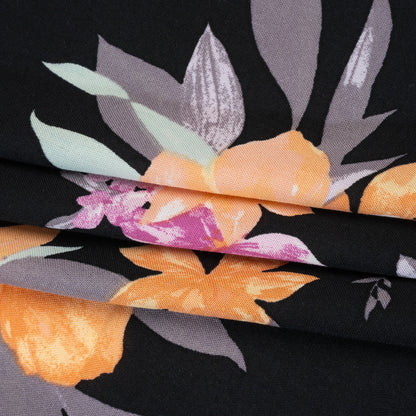 Rayon Challis Print - Black, Bubblegum Pink and Creamsicle Orange Floral - Deadstock