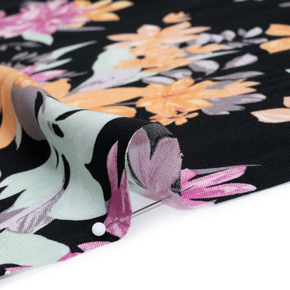 Rayon Challis Print - Black, Bubblegum Pink and Creamsicle Orange Floral - Deadstock - Detail