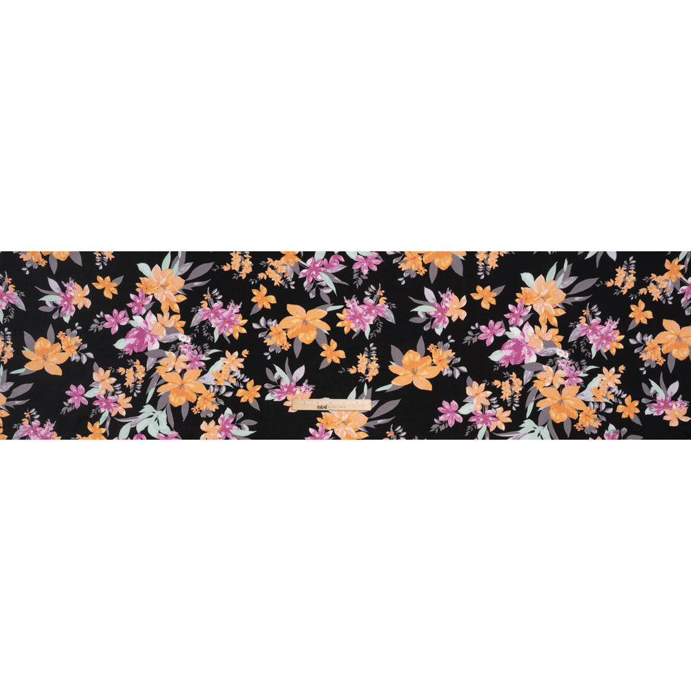 Rayon Challis Print - Black, Bubblegum Pink and Creamsicle Orange Floral - Deadstock - Full