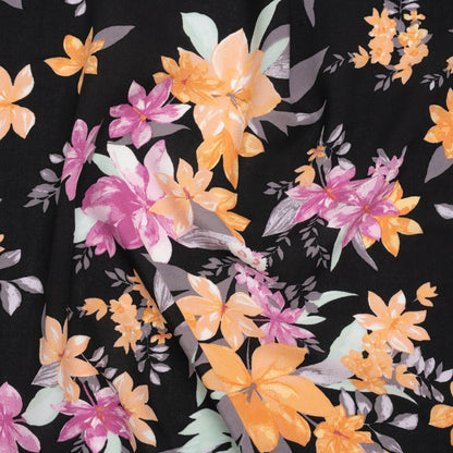 Rayon Challis Print - Black, Bubblegum Pink and Creamsicle Orange Floral - Deadstock