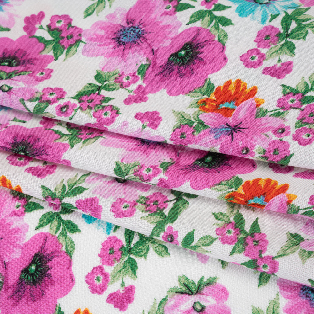 Rayon Challis Print - Fuchsia Purple, Hot Orange and Aqua Blue Floral - Deadstock - Folded