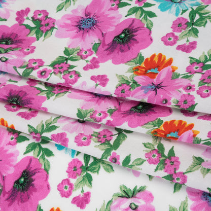 Rayon Challis Print - Fuchsia Purple, Hot Orange and Aqua Blue Floral - Deadstock