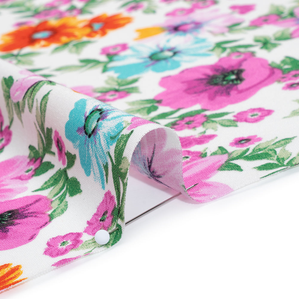 Rayon Challis Print - Fuchsia Purple, Hot Orange and Aqua Blue Floral - Deadstock - Detail