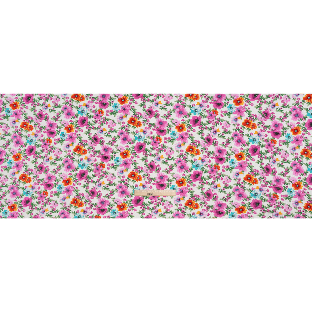Rayon Challis Print - Fuchsia Purple, Hot Orange and Aqua Blue Floral - Deadstock - Full
