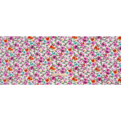 Rayon Challis Print - Fuchsia Purple, Hot Orange and Aqua Blue Floral - Deadstock