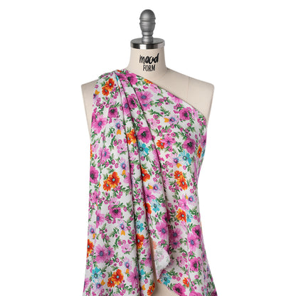 Rayon Challis Print - Fuchsia Purple, Hot Orange and Aqua Blue Floral - Deadstock