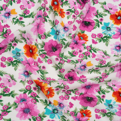 Rayon Challis Print - Fuchsia Purple, Hot Orange and Aqua Blue Floral - Deadstock