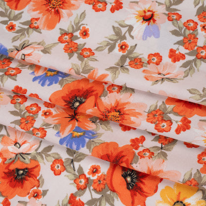Rayon Challis Print - Coral Orange, Light Beige and Violet Blue Floral - Deadstock