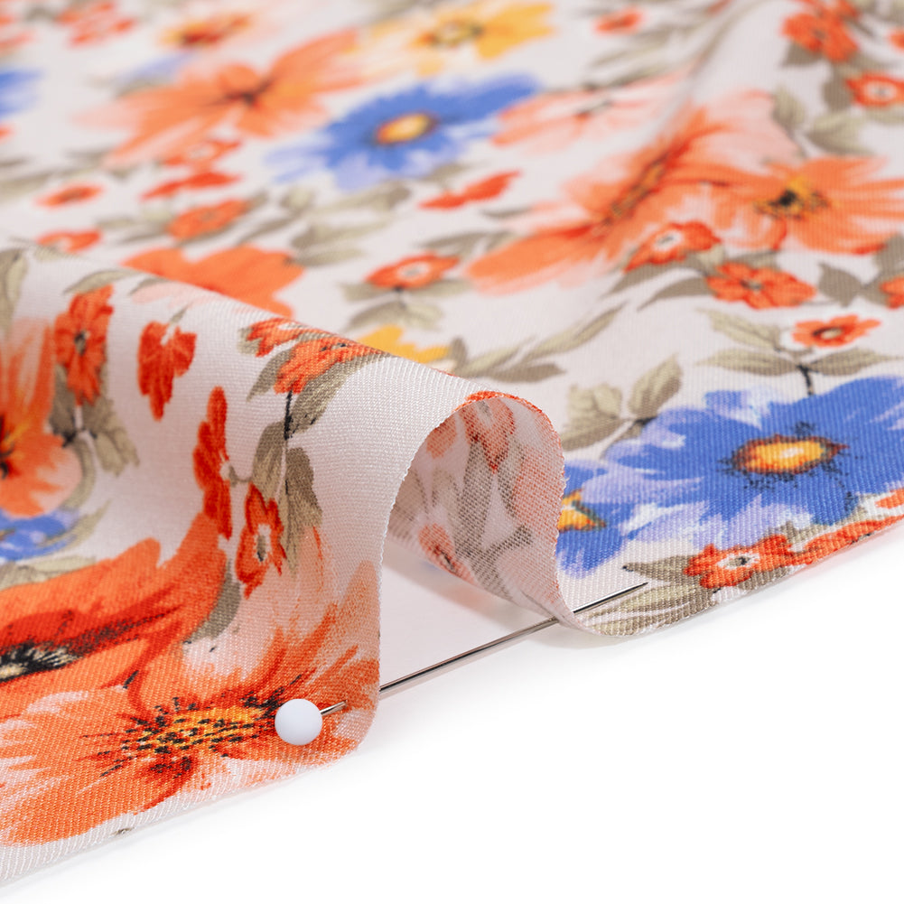 Rayon Challis Print - Coral Orange, Light Beige and Violet Blue Floral - Deadstock - Detail