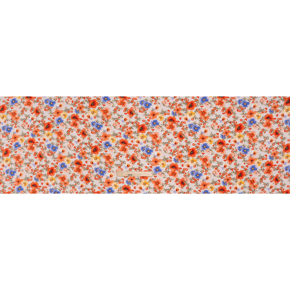 Rayon Challis Print - Coral Orange, Light Beige and Violet Blue Floral - Deadstock - Full