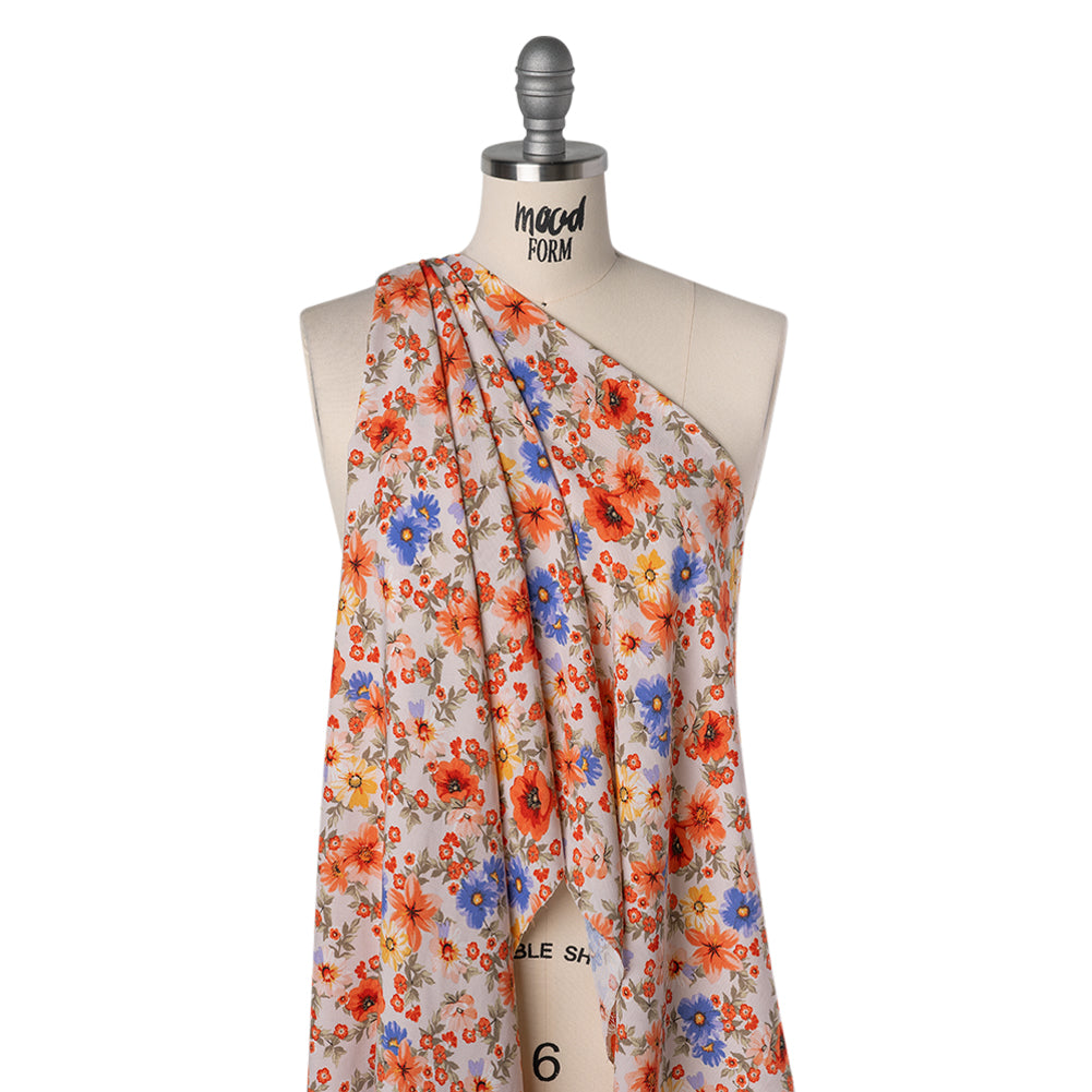 Rayon Challis Print - Coral Orange, Light Beige and Violet Blue Floral - Deadstock - Drape