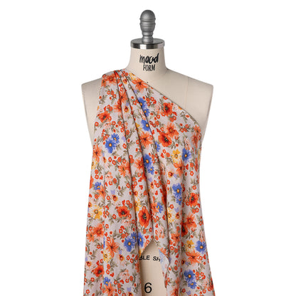 Rayon Challis Print - Coral Orange, Light Beige and Violet Blue Floral - Deadstock