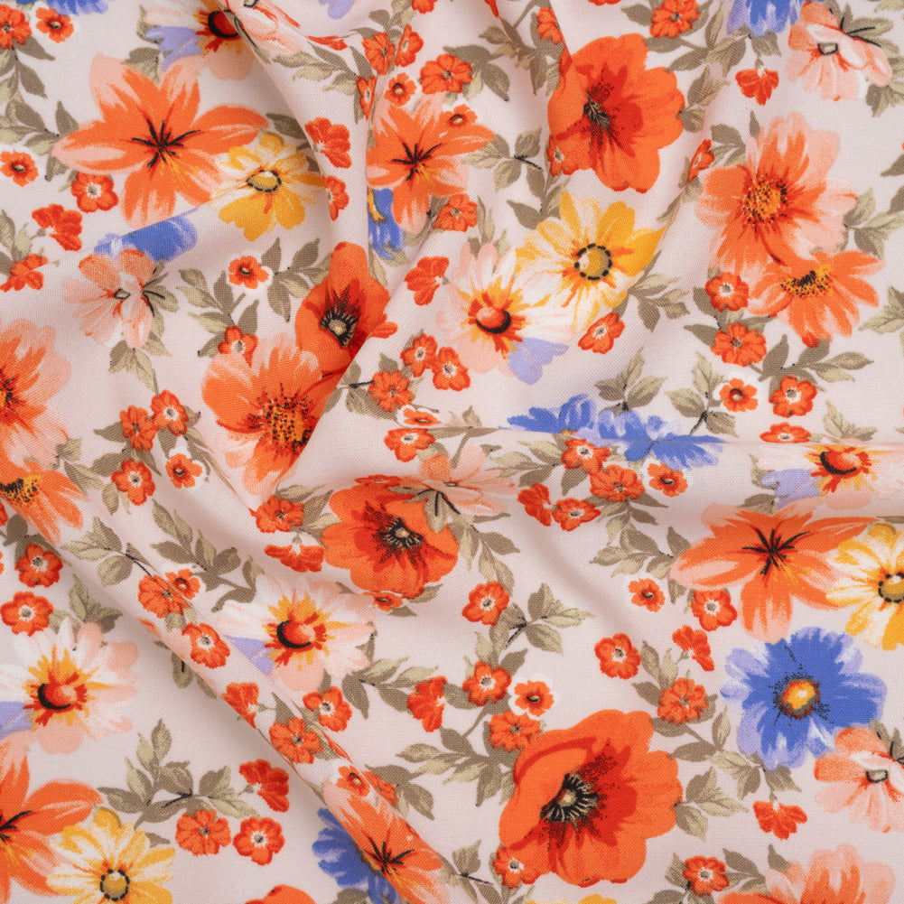 Rayon Challis Print - Coral Orange, Light Beige and Violet Blue Floral - Deadstock