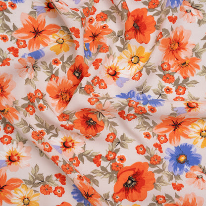 Rayon Challis Print - Coral Orange, Light Beige and Violet Blue Floral - Deadstock