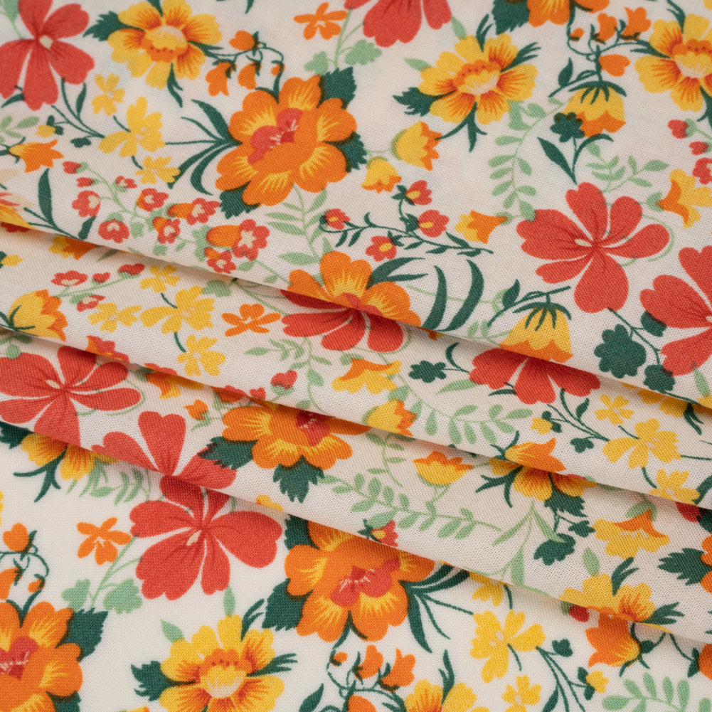 Rayon Challis Print - Vibrant Orange, Autumn Red and Sunny Yellow Floral - Deadstock - Folded
