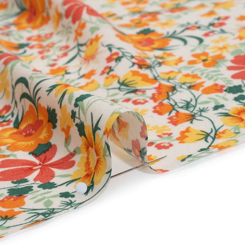 Rayon Challis Print - Vibrant Orange, Autumn Red and Sunny Yellow Floral - Deadstock - Detail
