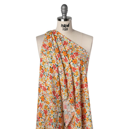 Rayon Challis Print - Vibrant Orange, Autumn Red and Sunny Yellow Floral - Deadstock