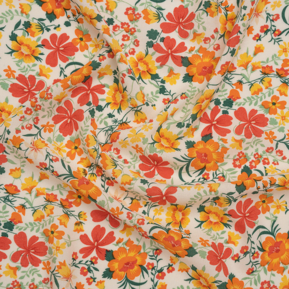 Rayon Challis Print - Vibrant Orange, Autumn Red and Sunny Yellow Floral - Deadstock