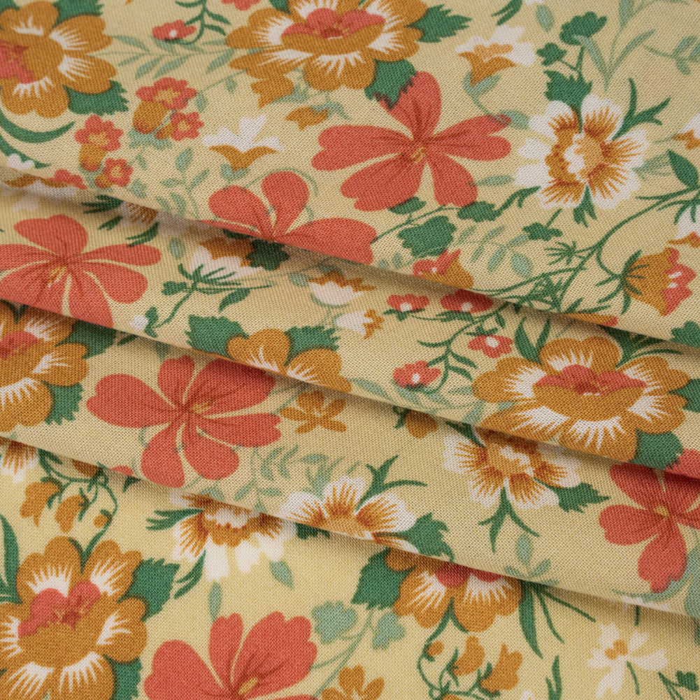 Rayon Challis Print - Ginger Brown, Autumn Red and Khaki Tan Floral - Deadstock - Folded