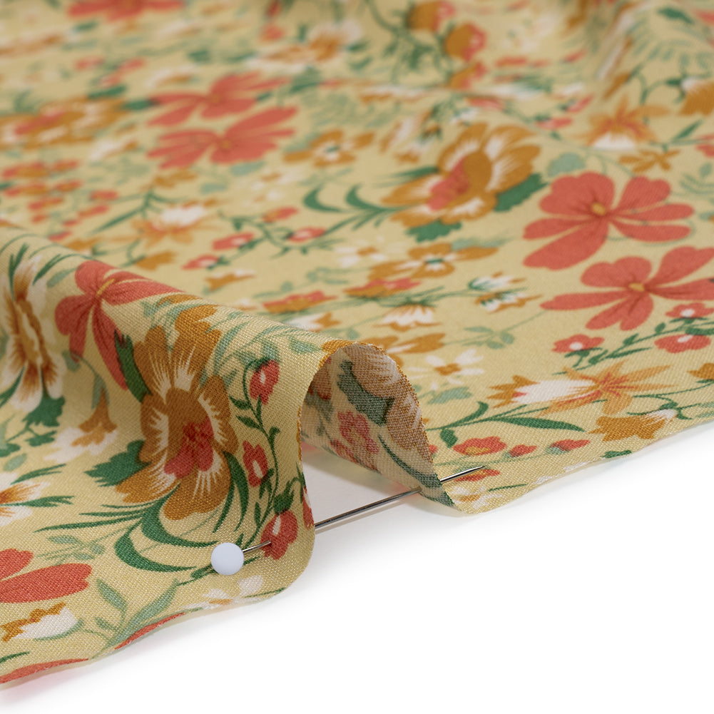 Rayon Challis Print - Ginger Brown, Autumn Red and Khaki Tan Floral - Deadstock - Detail