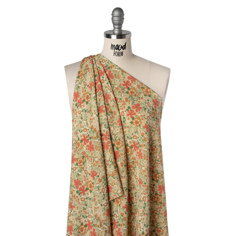 Rayon Challis Print - Ginger Brown, Autumn Red and Khaki Tan Floral - Deadstock - Drape