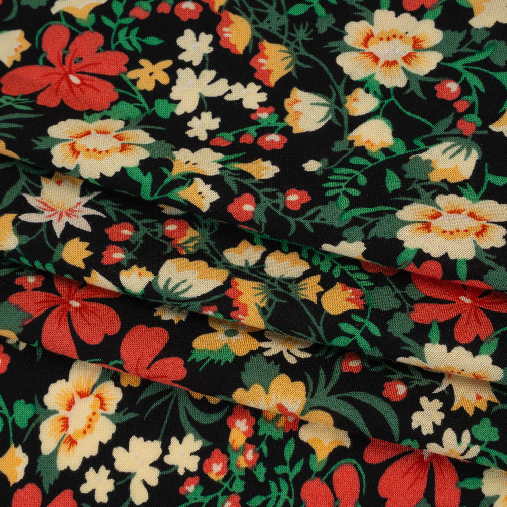 Rayon Challis Print - Autumn Red, Sunny Yellow and Black Floral - Deadstock - Folded