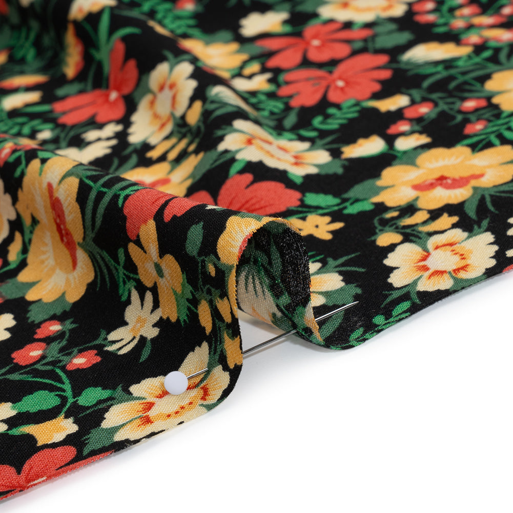 Rayon Challis Print - Autumn Red, Sunny Yellow and Black Floral - Deadstock - Detail