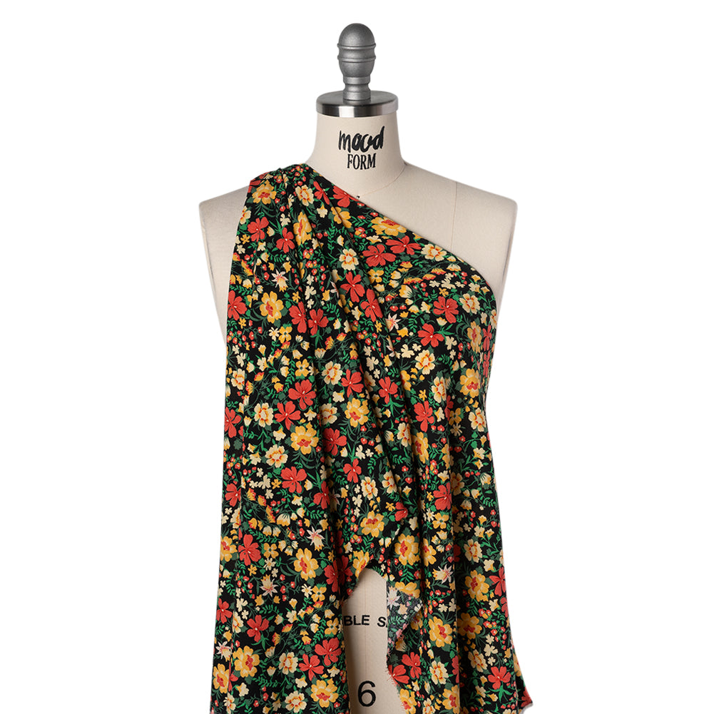 Rayon Challis Print - Autumn Red, Sunny Yellow and Black Floral - Deadstock - Drape