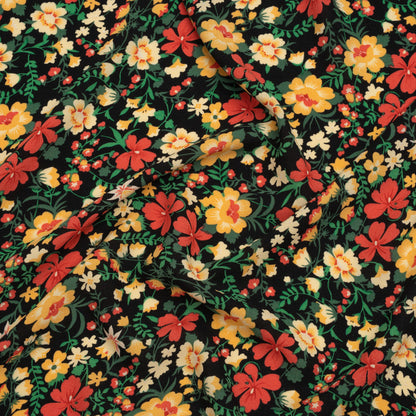 Rayon Challis Print - Autumn Red, Sunny Yellow and Black Floral - Deadstock