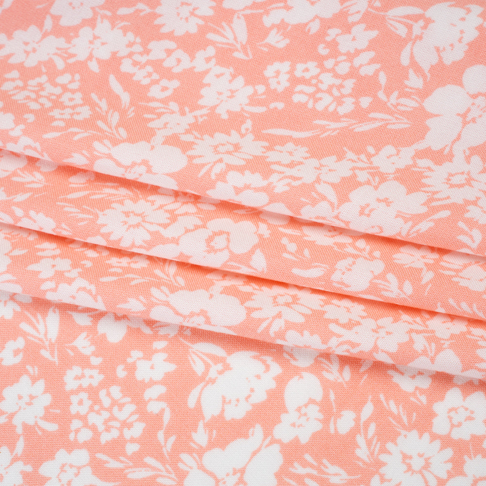 Rayon Challis Print - Salmon Pink and White Floral - Deadstock - Folded