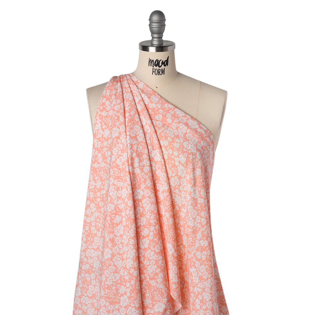 Rayon Challis Print - Salmon Pink and White Floral - Deadstock - Drape