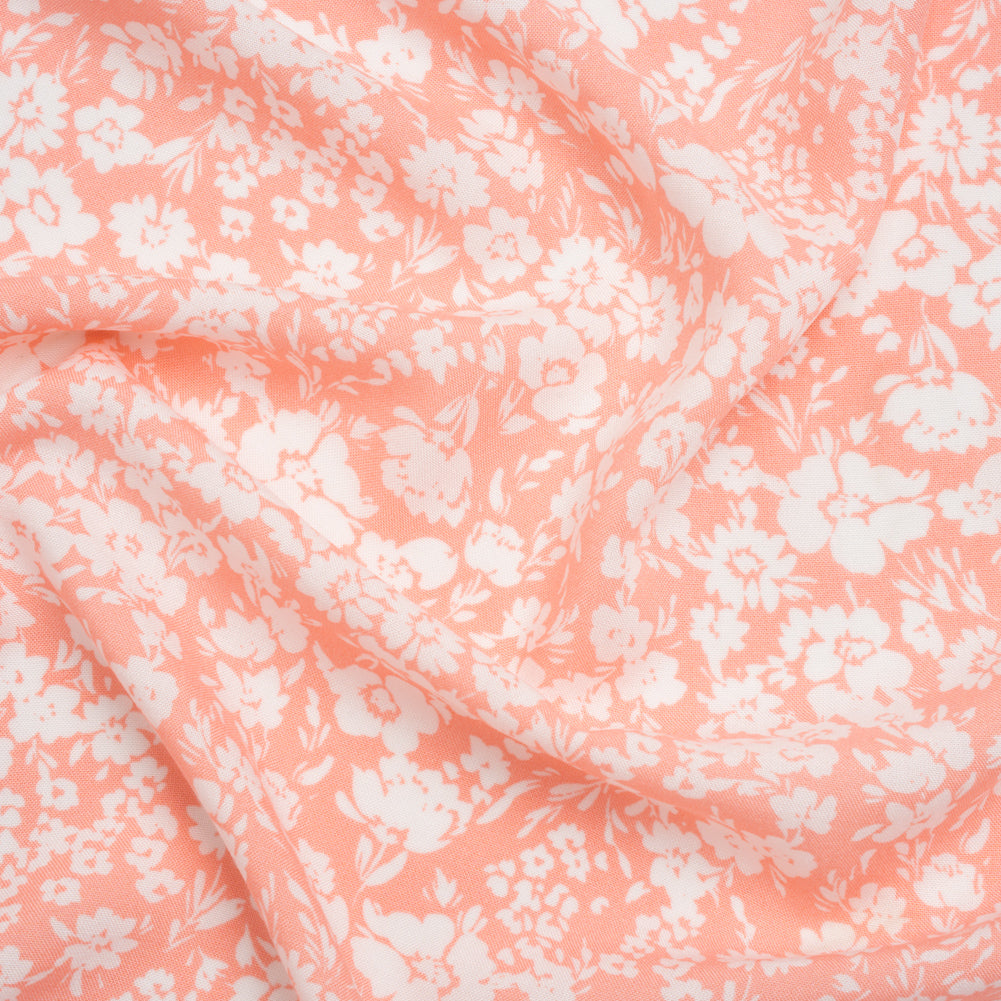 Rayon Challis Print - Salmon Pink and White Floral - Deadstock
