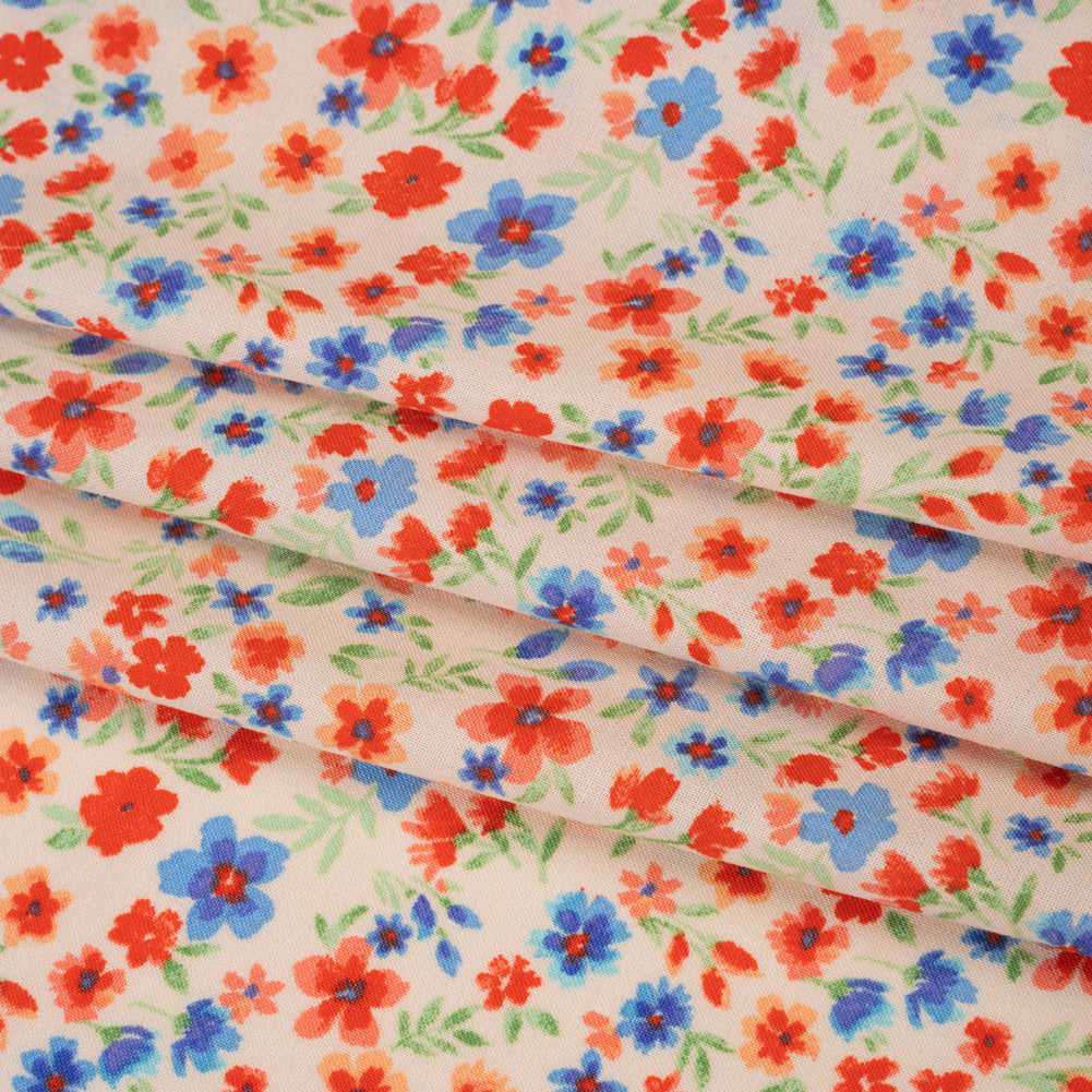 Rayon Challis Print - Vivid Red and Country Blue Floral - Deadstock - Folded