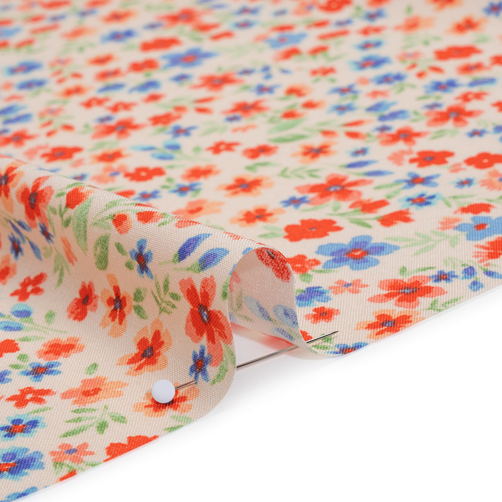 Rayon Challis Print - Vivid Red and Country Blue Floral - Deadstock - Detail