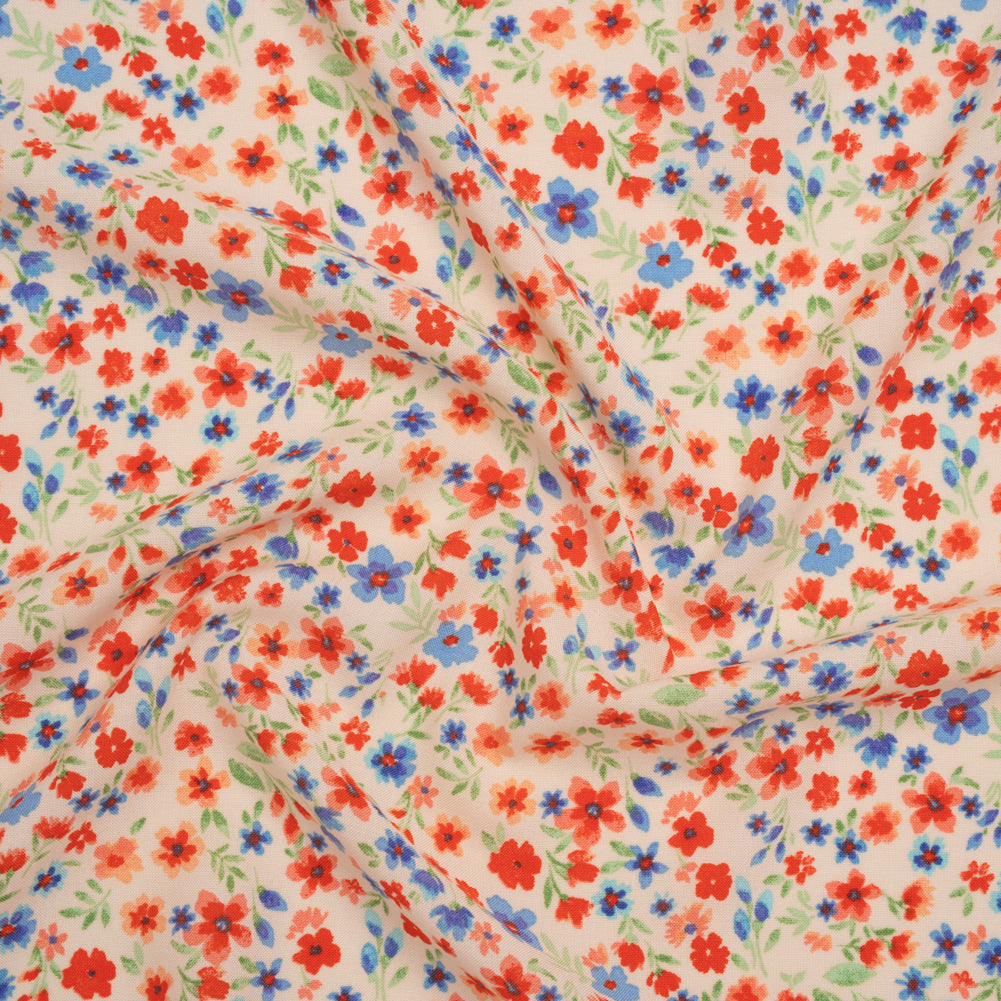 Rayon Challis Print - Vivid Red and Country Blue Floral - Deadstock